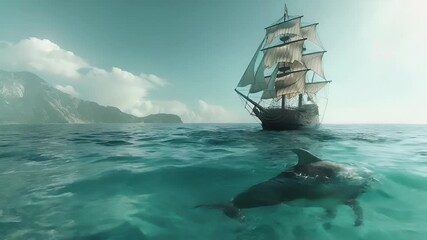 A vivid portrayal of a ship sailing in the ocean, with its sails billowing in the wind. The ships hull is a mix of beige and brown, with a red flag at the top.