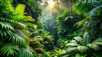 Photo of sunlight streams through a dense, lush rainforest canopy, illuminating vibrant green foliage and creating a mystical, natural atmosphere