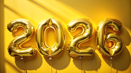 Photo of shiny gold balloons forming the numbers 2026 arranged against a bright yellow wall with dramatic shadows, perfect for new years eve