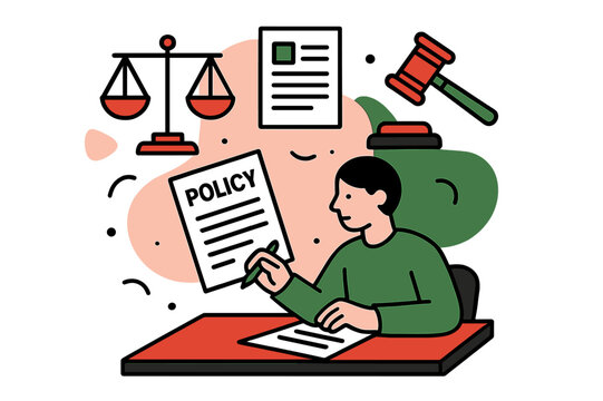 Justice and Governance. Legal framework. Scales of justice, documents, and a gavel floating above a desk with