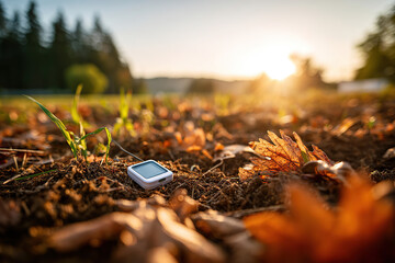 Smart station placed in a field during autumn sunset with leaves scattered on the ground