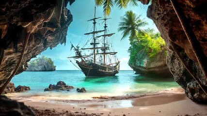 A vivid portrayal of a sailing ship anchored in a serene tropical setting. The ship is the central focus.