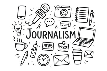 Journalism Doodle Icons. Journalism. Hand-drawn doodle illustration of Journalism. microphone, camera, notepad