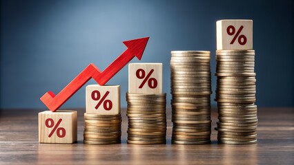 Photo of rising graph with coins and percentage blocks symbolizing financial growth and increasing interest rates in a conceptual representation of economic progress
