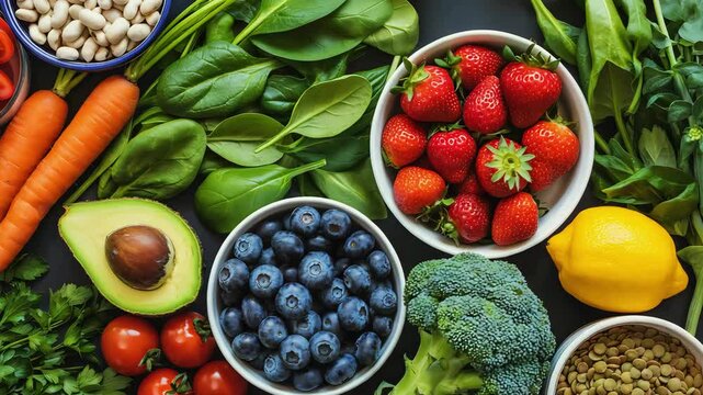 Cinematic Video of Flat-Lay Organic Superfoods on Dark Textured Surface with Soft Natural Lighting