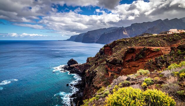 Coastal view Rugged cliffs meet turquoise ocean under a cloudy blue sky, with green vegetation in the foreground