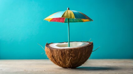Photo of a halved coconut with its white flesh exposed, topped with a colorful cocktail umbrella, set against a vibrant teal background