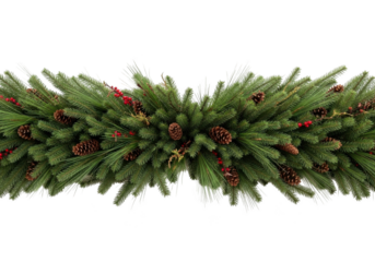 A festive green fir garland with pine cones and red berries, isolated on transparent background