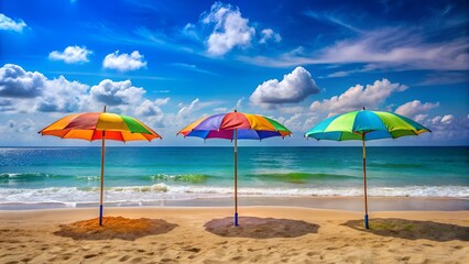 Photo of three colorful beach umbrellas stand on a sandy shore with the ocean and blue sky in the background, evoking a sense of summer vacation and relaxation