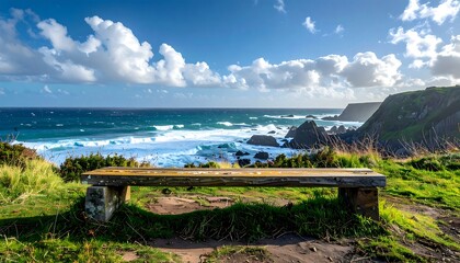 Coastal view with old stone bench overlooking the choppy sea, with green cliffs and cloudy blue sky backdrop