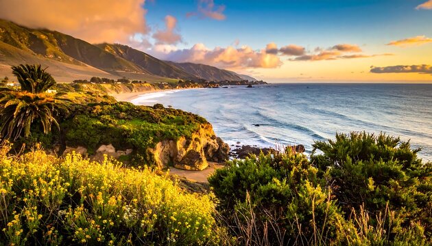 Coastal view with cliffs, vegetation, and ocean waves under a warm sunset