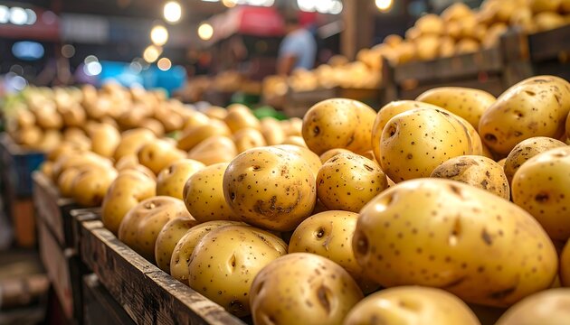 Close-up view of fresh potatoes, piled high in wooden crates within a bustling, vibrant market setting