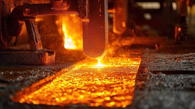 Molten metal being poured in a foundry during the night shift creating solid forms for machinery parts - Powered by Adobe