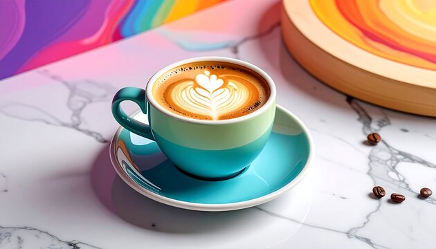 Frothy coffee art in a two-tone cup on marble, with colorful accents and roasted beans nearby