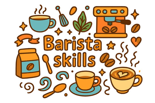 Barista Skills Doodle. Barista skills. Hand-drawn doodle illustration of barista skills. Coffee cup, milk