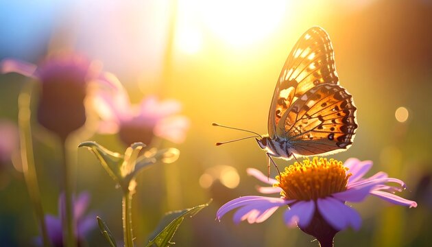 Butterfly alights on a daisy in a golden, sunlit meadow, a soft focus background of blue and purple hues