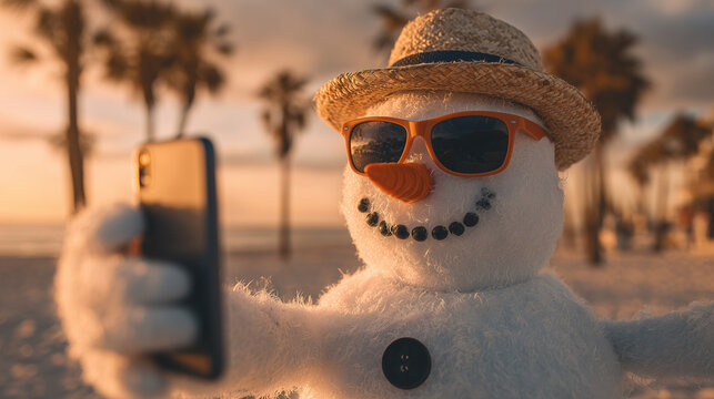 Snowman wearing a straw hat and orange sunglasses takes a selfie on a tropical beach at sunset. Palm trees in background provide a humorous contrast. Image made using Generative AI.