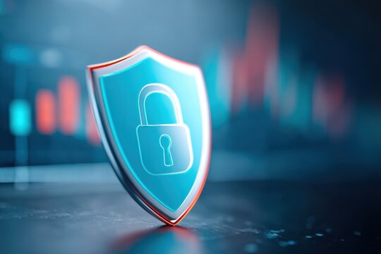 Metallic shield with padlock symbol for security