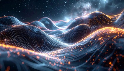Ethereal lines flow across a wavy landscape, illuminated by warm orange particles against a dark starry background