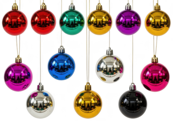 Collection of colorful christmas baubles hanging isolated on transparent background
