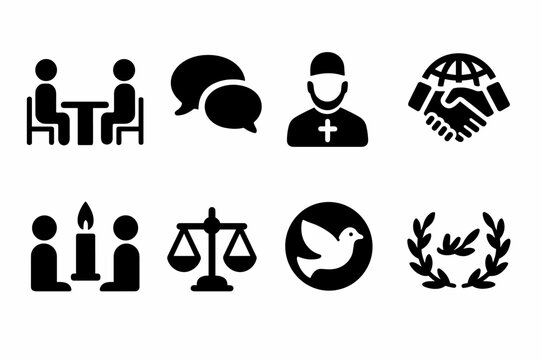 Faith Mediation Icons. Faith-based mediation. Filled icon set of faith-based mediation: peace table, dialogue
