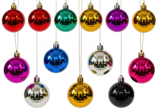 Collection of colorful christmas baubles hanging isolated on transparent background