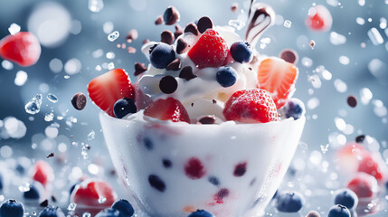 Delightful dessert cup with fresh strawberries, blueberries and chocolate chips with copy space for National Sundae Day, National Dessert Day, National Ice Cream Day