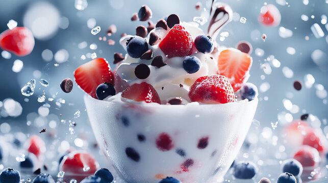 Delightful dessert cup with fresh strawberries, blueberries and chocolate chips with copy space for National Sundae Day, National Dessert Day, National Ice Cream Day - Powered by Adobe