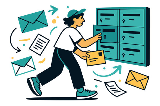 Dynamic Mail Workflow. Daily mail routine. Person checking multiple PO box doors; floating envelopes, letters,
