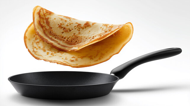 A fluffy pancake is flipping in the air above a frying pan, showcasing skillful cooking techniques Generative AI