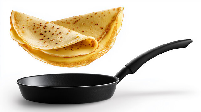 Fluffy, golden crepes hover in mid-air above a sleek frying pan, showcasing culinary artistry Generative AI