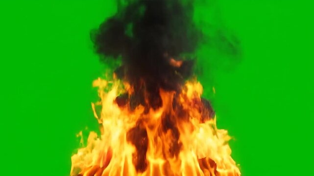 Intense Fire with Thick Black Smoke on Green Screen Ideal for VFX Compositing and Dramatic Scene Enhancement.