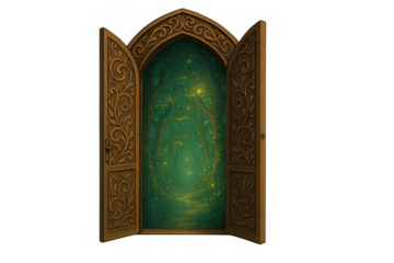 Ornate wooden arch door opening to an enchanted fantasy forest with glowing mystical light and magic path, transparent background