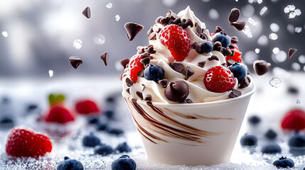 Delicious yogurt dessert with mixed berries and chocolate chips perfection with copy space for National Sundae Day, National Dessert Day, National Ice Cream Day