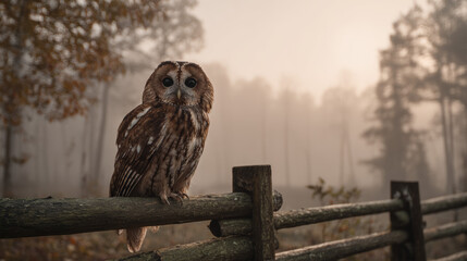 Tawny owl sitting on wooden fence in foggy autumn forest