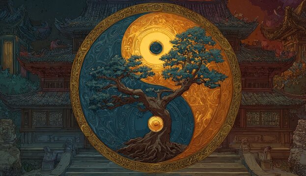 Yin yang symbol with tree of life illustration harmony and balance concept - Powered by Adobe