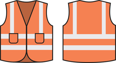 Orange safety vest with reflective strips vector illustration icon set. High visibility personal protective equipment for construction worker and road safety concept. Safety vest silhouette icons.