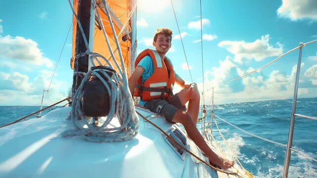 A young man sits on the bow of a sailboat, his orange life vest contrasting with the blue sky and white clouds. The sun casts a warm glow over the scene.