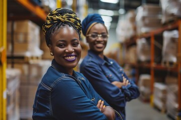 Two women smiling confidently in a warehouse