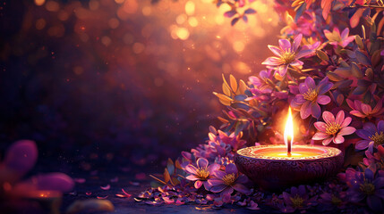 Vivid floral design delicate purple pink yellow flowers framing glowing Diya oil lamp ample copy space for greeting