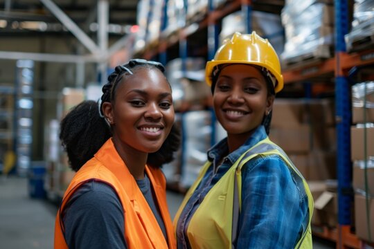 Two young women smiling in a warehouse environment