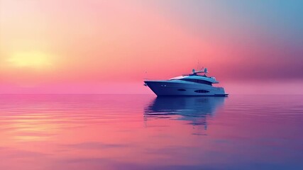 A vivid portrayal of a luxury yacht set against a serene seascape during sunset. The yacht, with its sleek design and modern features.
