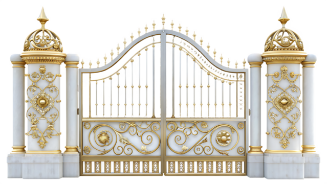 ornate gold and white metal gate with decorative isolated on white background, png, ai generated