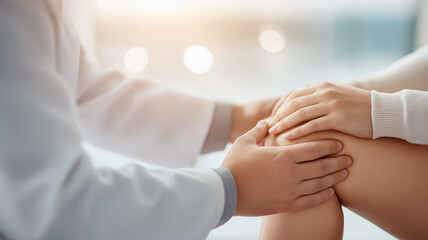 Doctor applies careful pressure to a patient's knee during an examination in a calming environment Generative AI