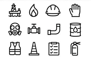 Oil and Gas Safety Icons. Oil and gas safety. Line outline icon set of oil and gas safety: oil rig, flame,