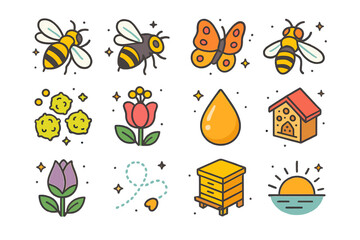 Pollinators in Bloom Icons. Pollinators in early bloom. Colorful isometric vector icons set of Pollinators in early bloom: honeybee, bumblebee, butterfly,