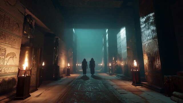 ancient journey illuminated, figures traverse carved corridor seeking mysterious glowing blue source