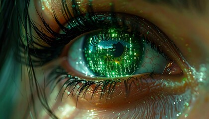 Close-up of an eye reflecting green binary code, with sparkling glitter dust around the eye