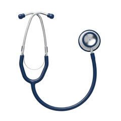 Modern medical stethoscope with deep blue tubing, shiny silver ear tubes, polished stainless steel chest piece, isolated on a transparent background, concept of healthcare precision and trust