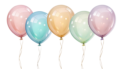 Group of shiny helium balloons, isolated on transparent background, soft reflections.